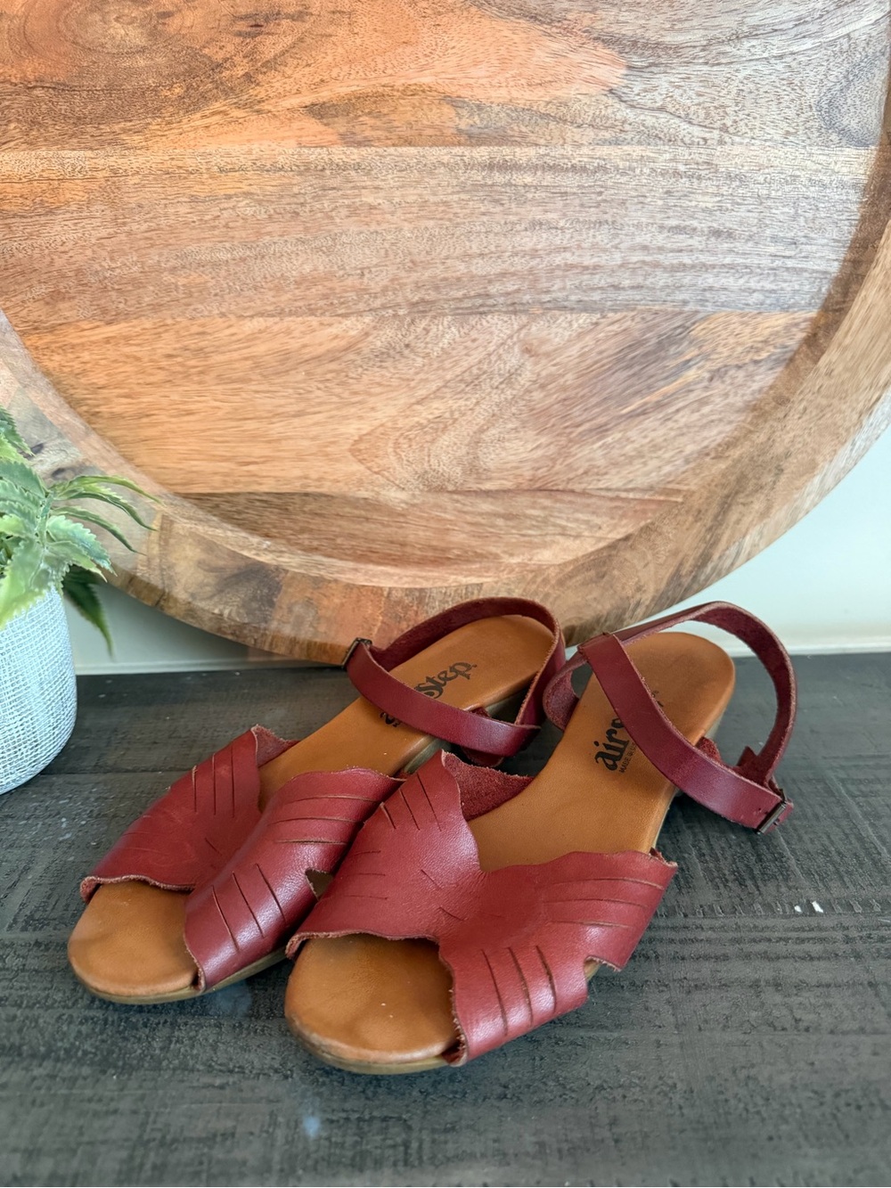Women's Red Leather Woven Slide Sandals with Ankle Strap - Picture 2 of 8